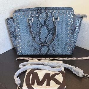 Michael Kors Light Blue Snake-Embossed Stud Satchel